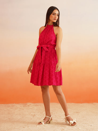 Beatnik Schiffli Halter Neck Sleeveless Pink Dresses Beatnik