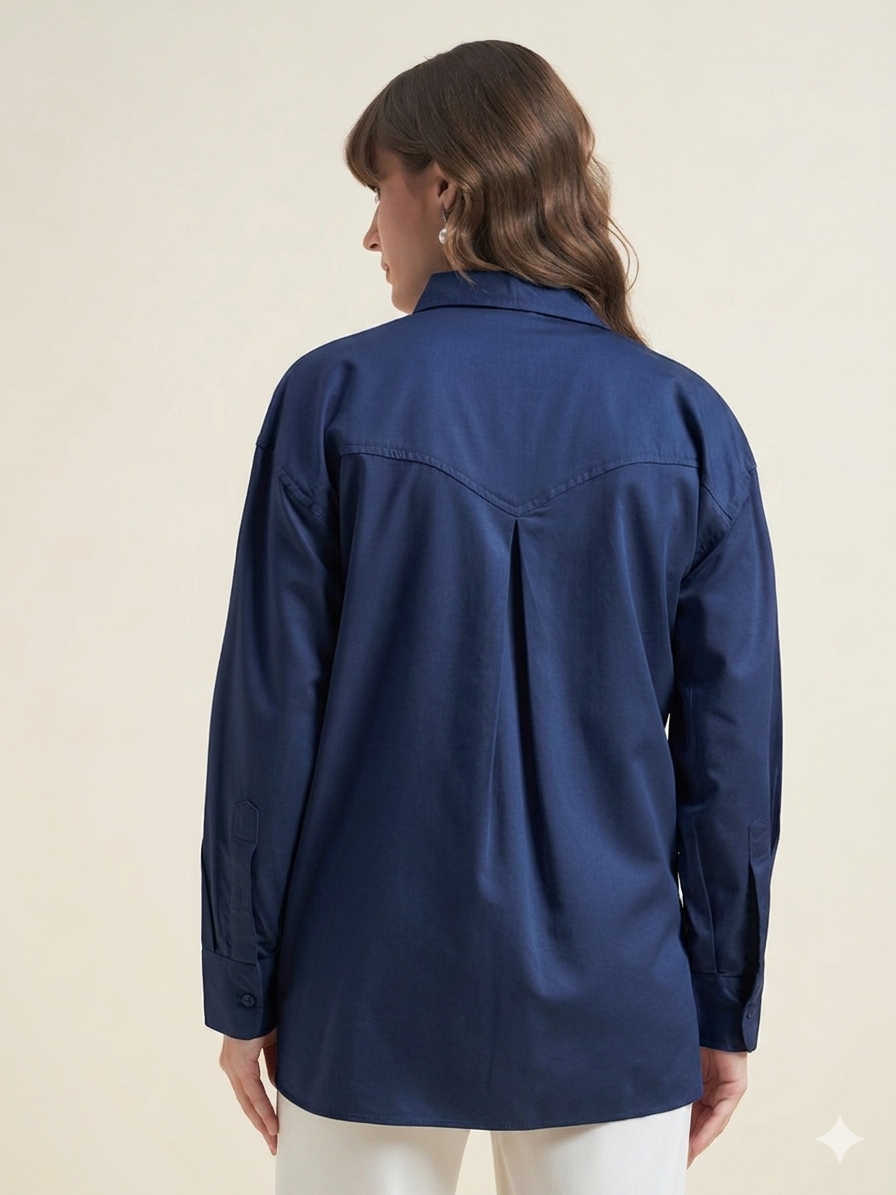 Beatnik Women Navy Blue Oversized Poplin Full Sleeve Office Formal Shirt