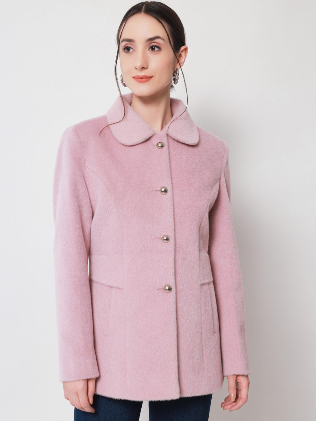 Beatnik Longline Loose Button Light Pink Solid Winter Blazer Beatnik India