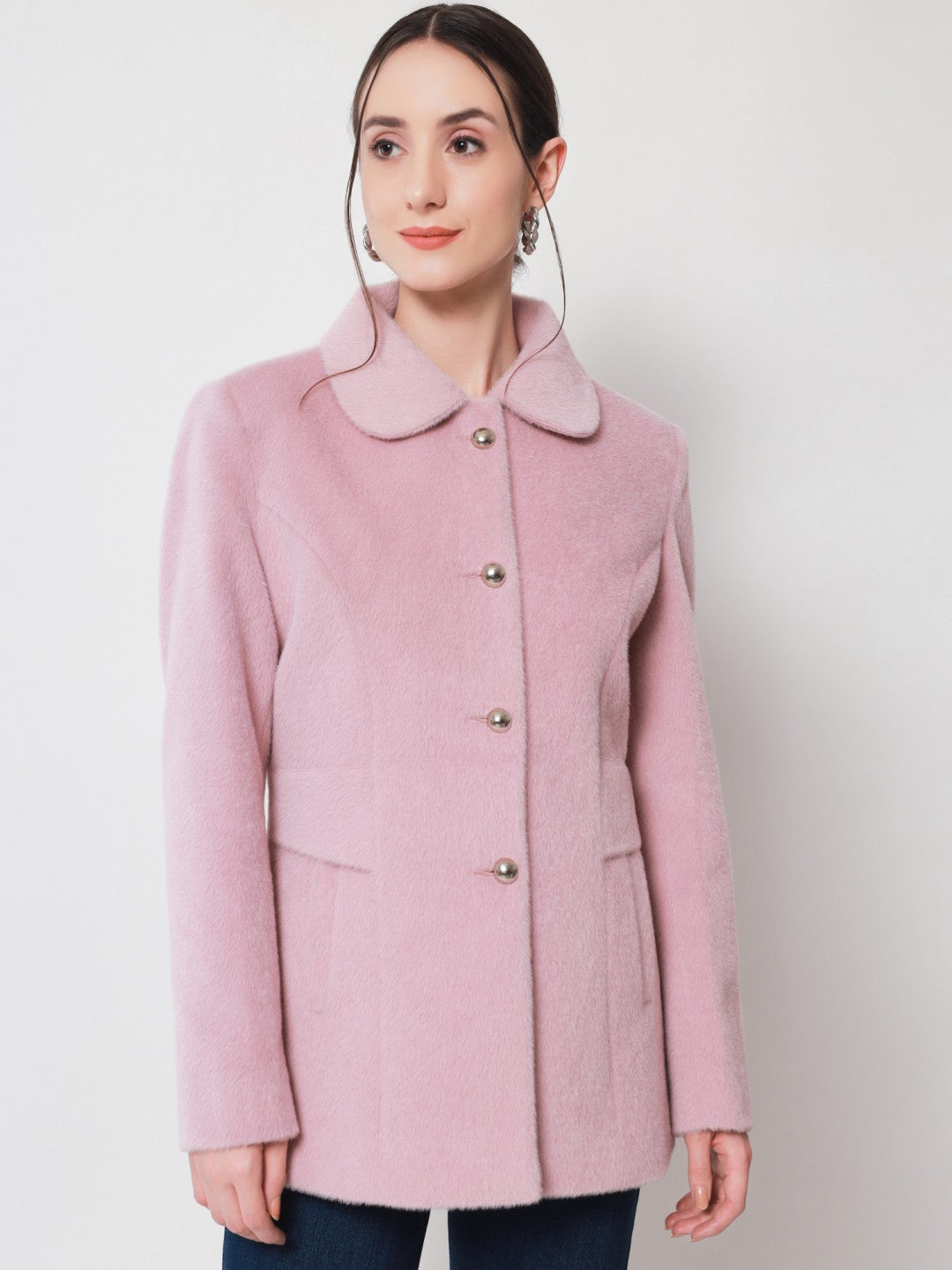 Beatnik Longline Loose Button Light Pink Solid Winter Blazer Beatnik India