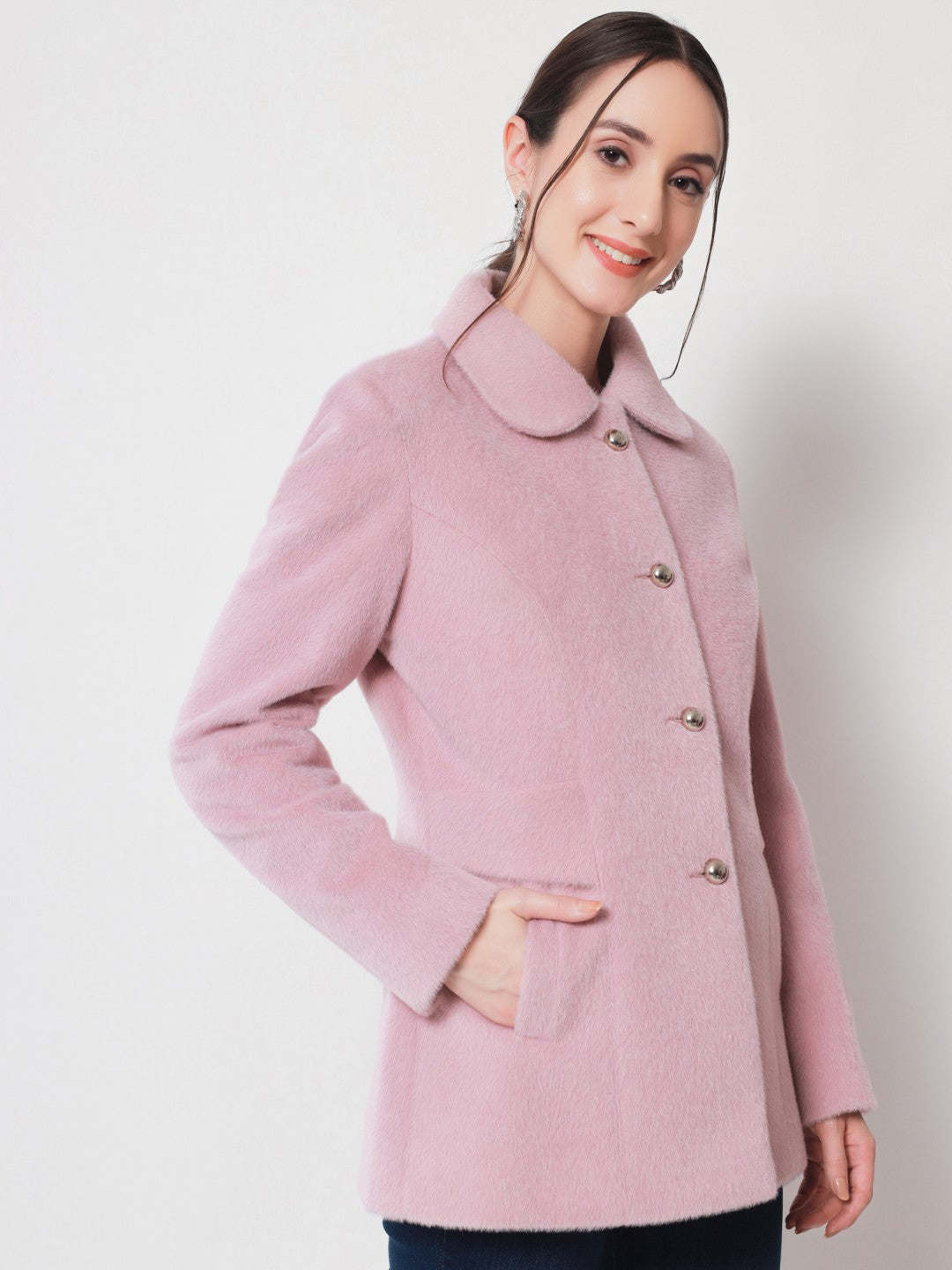 Beatnik Longline Loose Button Light Pink Solid Winter Blazer Beatnik India