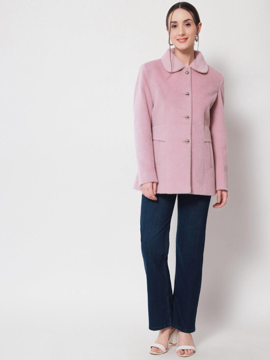 Beatnik Longline Loose Button Light Pink Solid Winter Blazer Beatnik India