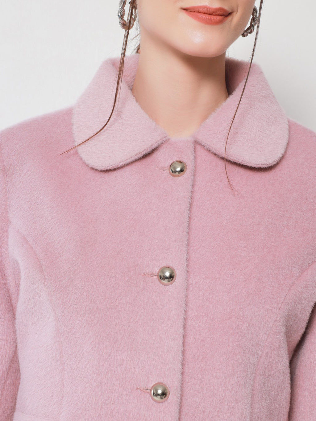 Beatnik Longline Loose Button Light Pink Solid Winter Blazer Beatnik India