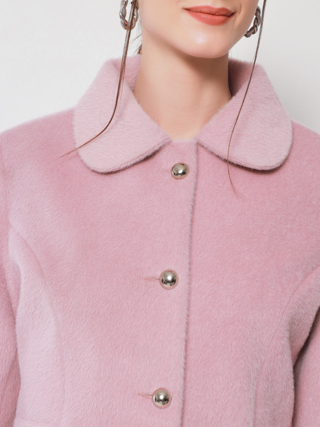 Beatnik Longline Loose Button Light Pink Solid Winter Blazer Beatnik India