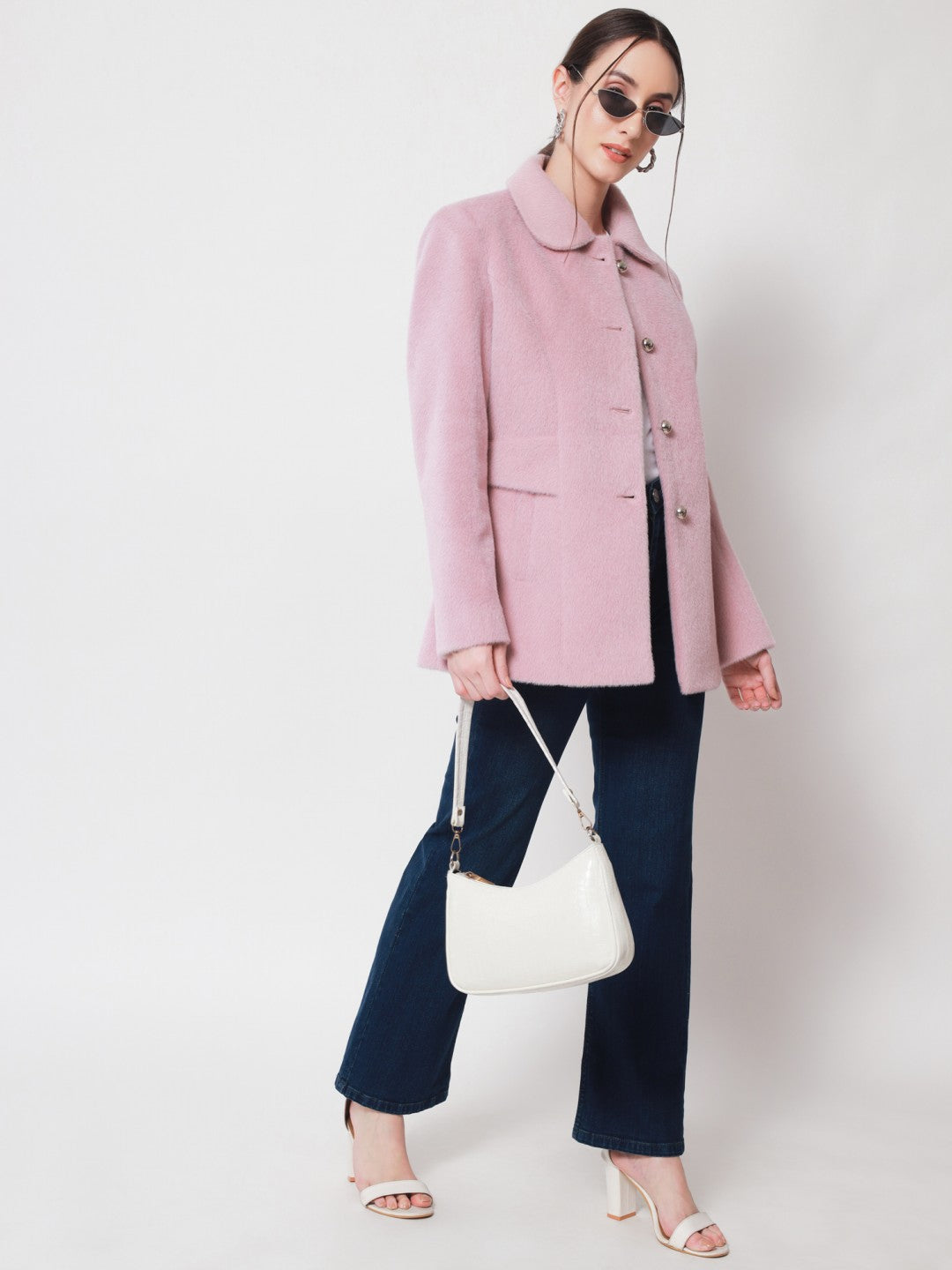 Beatnik Longline Loose Button Light Pink Solid Winter Blazer Beatnik India