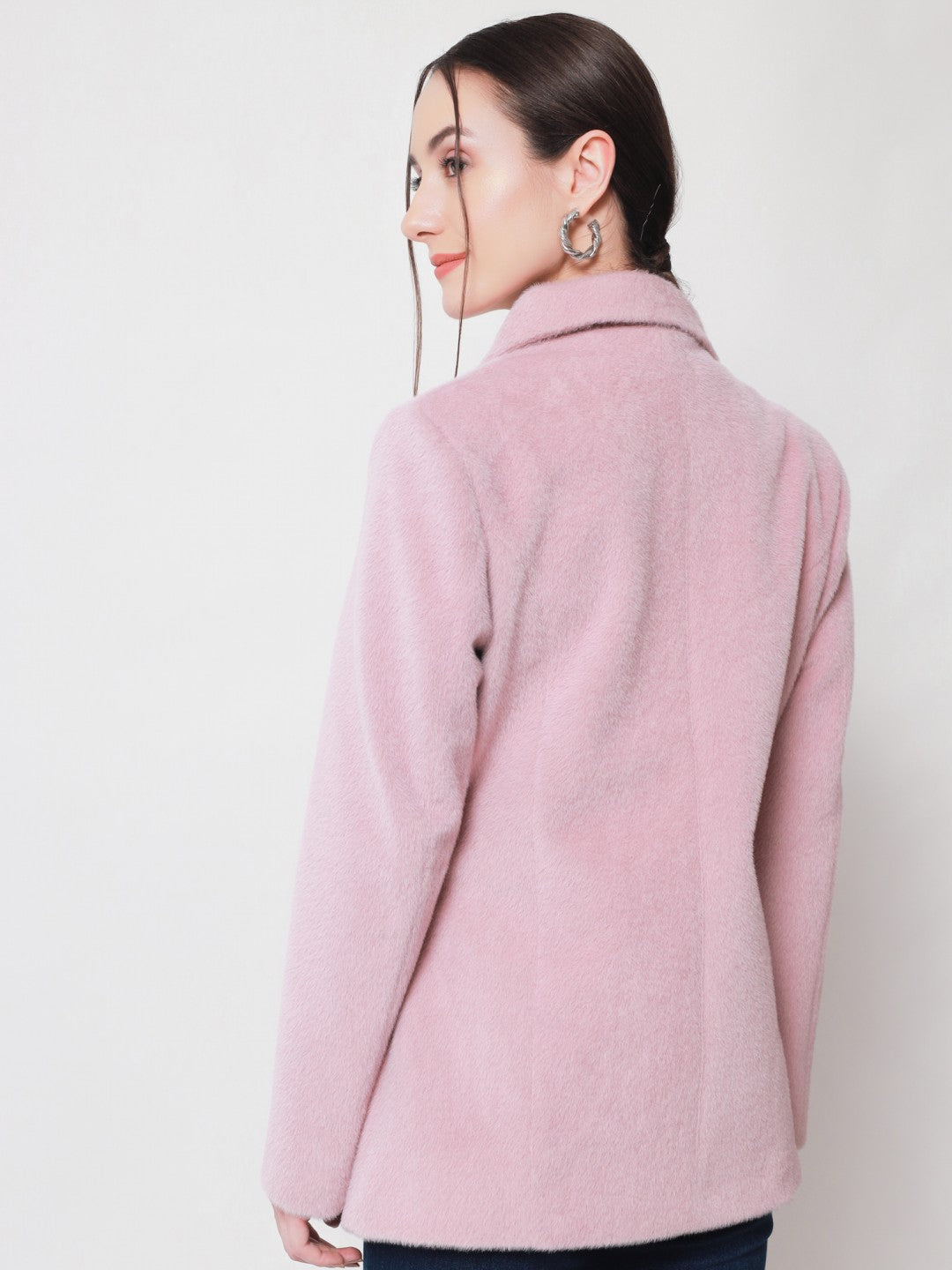 Beatnik Longline Loose Button Light Pink Solid Winter Blazer Beatnik India