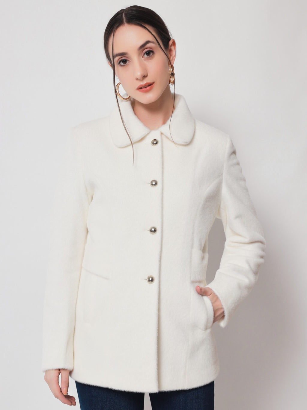 Beatnik Longline Loose Button Off White Solid Winter Blazer Beatnik India