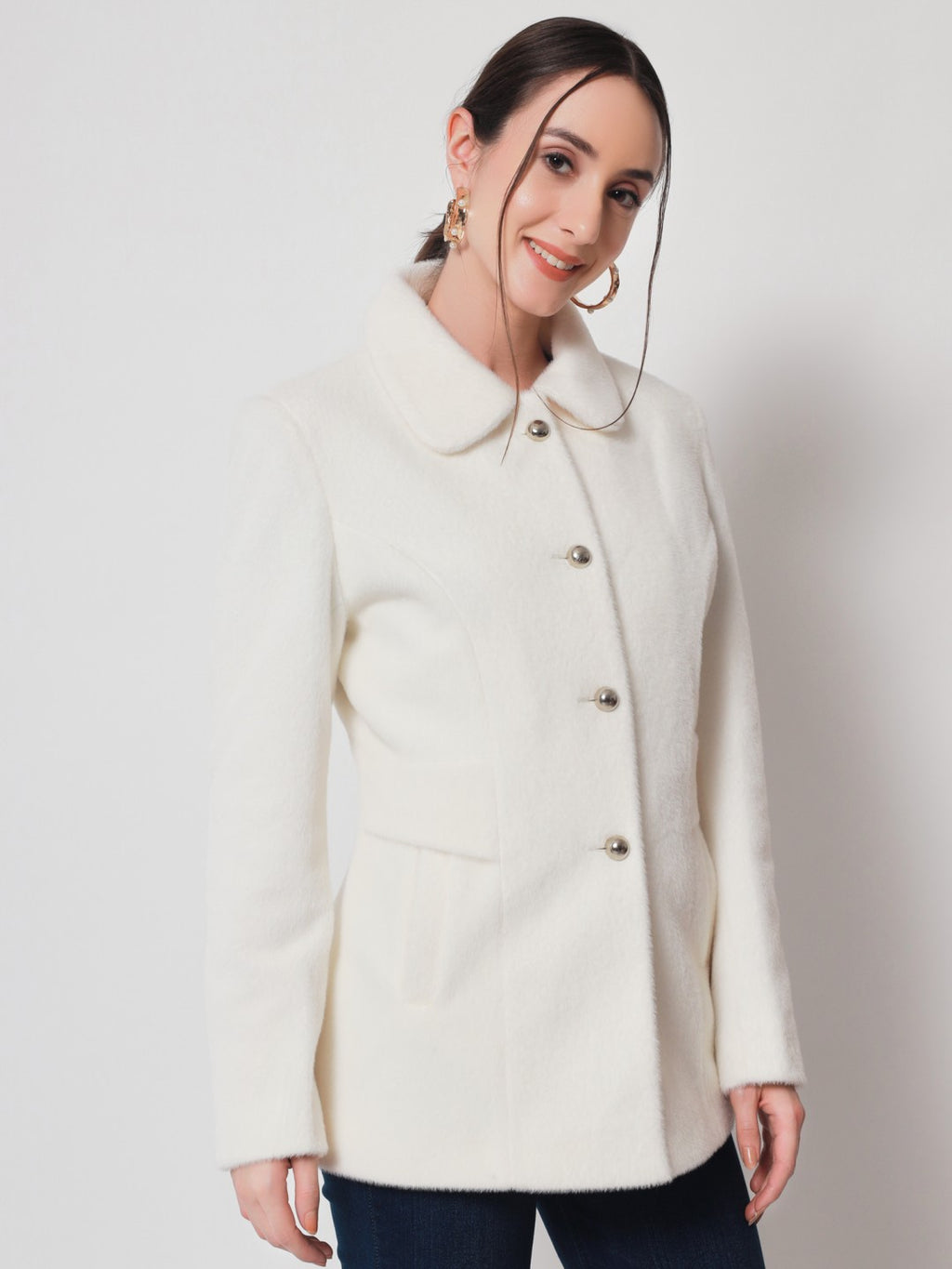 Beatnik Longline Loose Button Off White Solid Winter Blazer Beatnik India