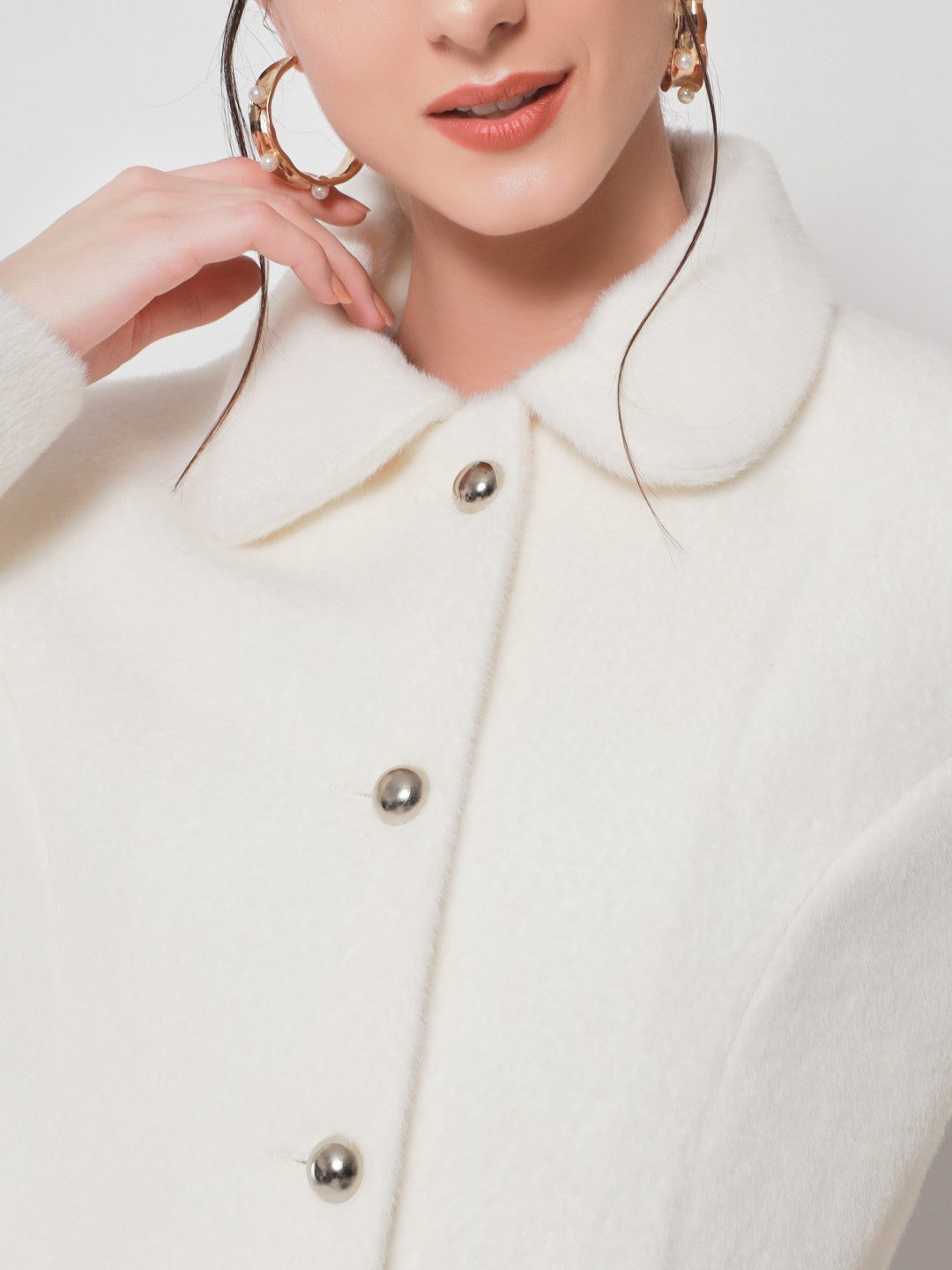 Beatnik Longline Loose Button Off White Solid Winter Blazer Beatnik India