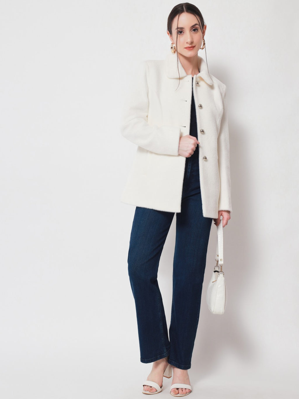 Beatnik Longline Loose Button Off White Solid Winter Blazer Beatnik India