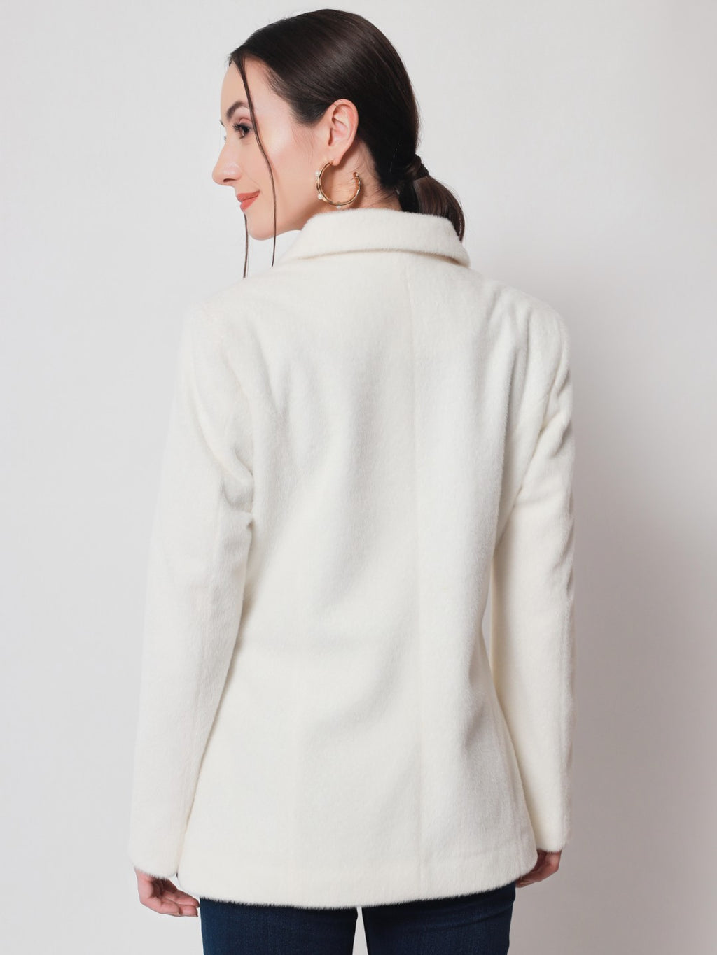Beatnik Longline Loose Button Off White Solid Winter Blazer Beatnik India