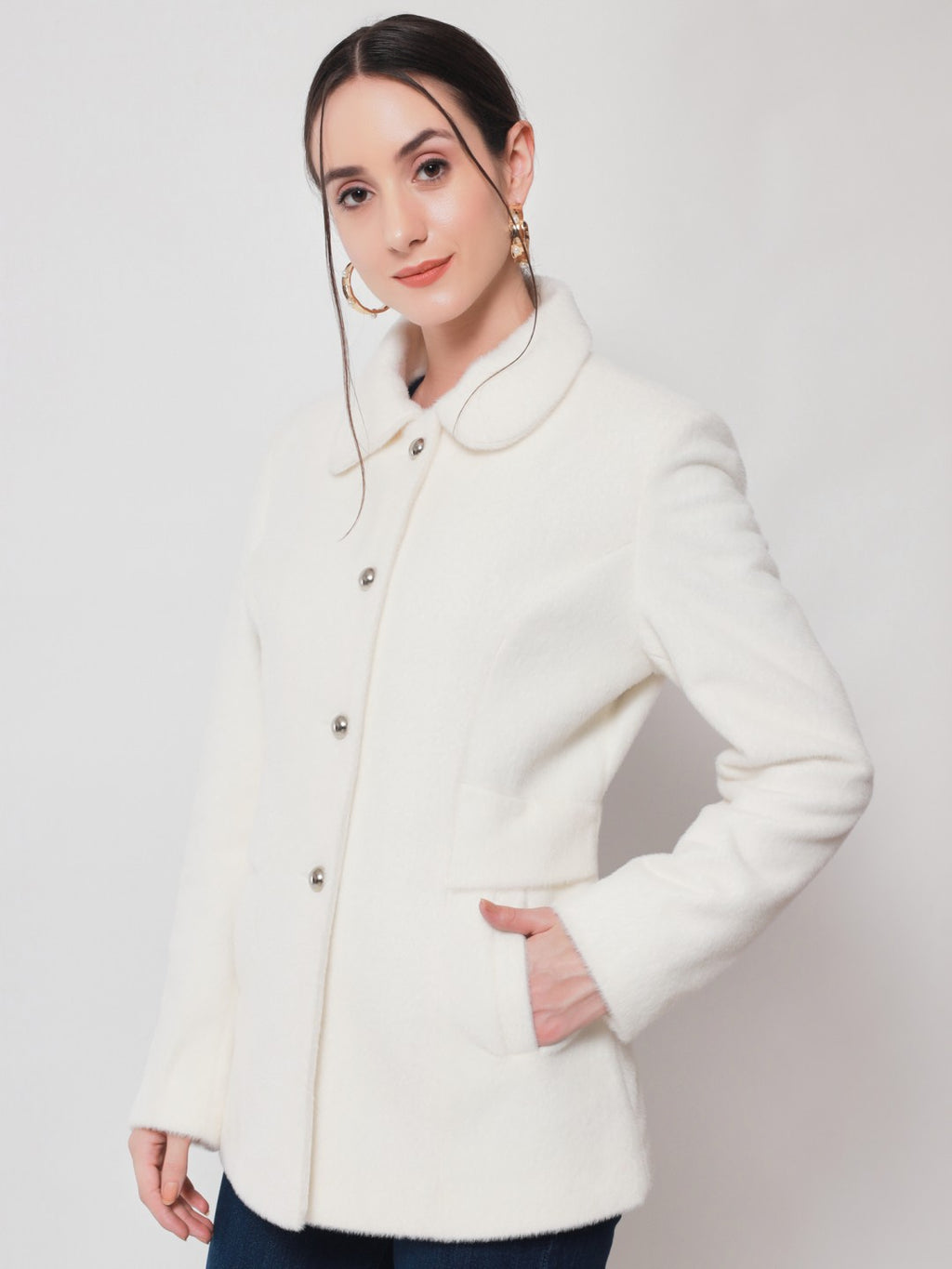 Beatnik Longline Loose Button Off White Solid Winter Blazer Beatnik India