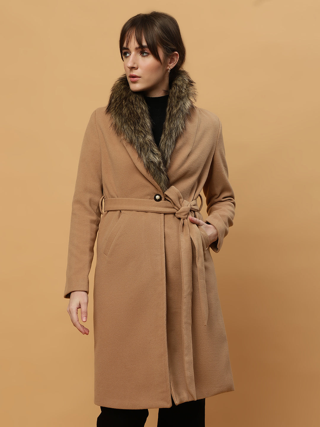 Beatnik Belted Wool Blend Coat with Faux Fur Collar Sandy Brown Blazer Beatnik