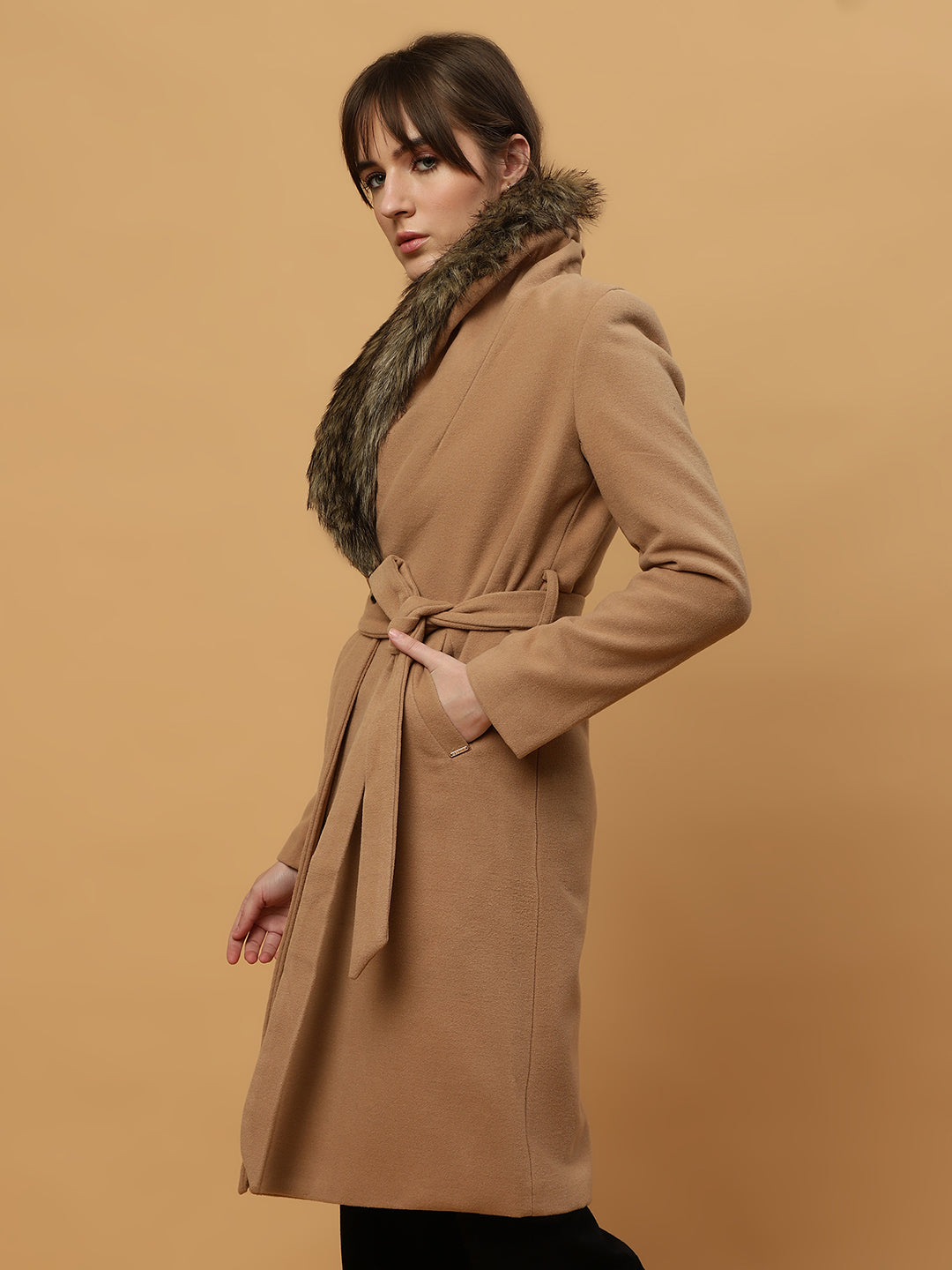 Beatnik Belted Wool Blend Coat with Faux Fur Collar Sandy Brown Blazer Beatnik
