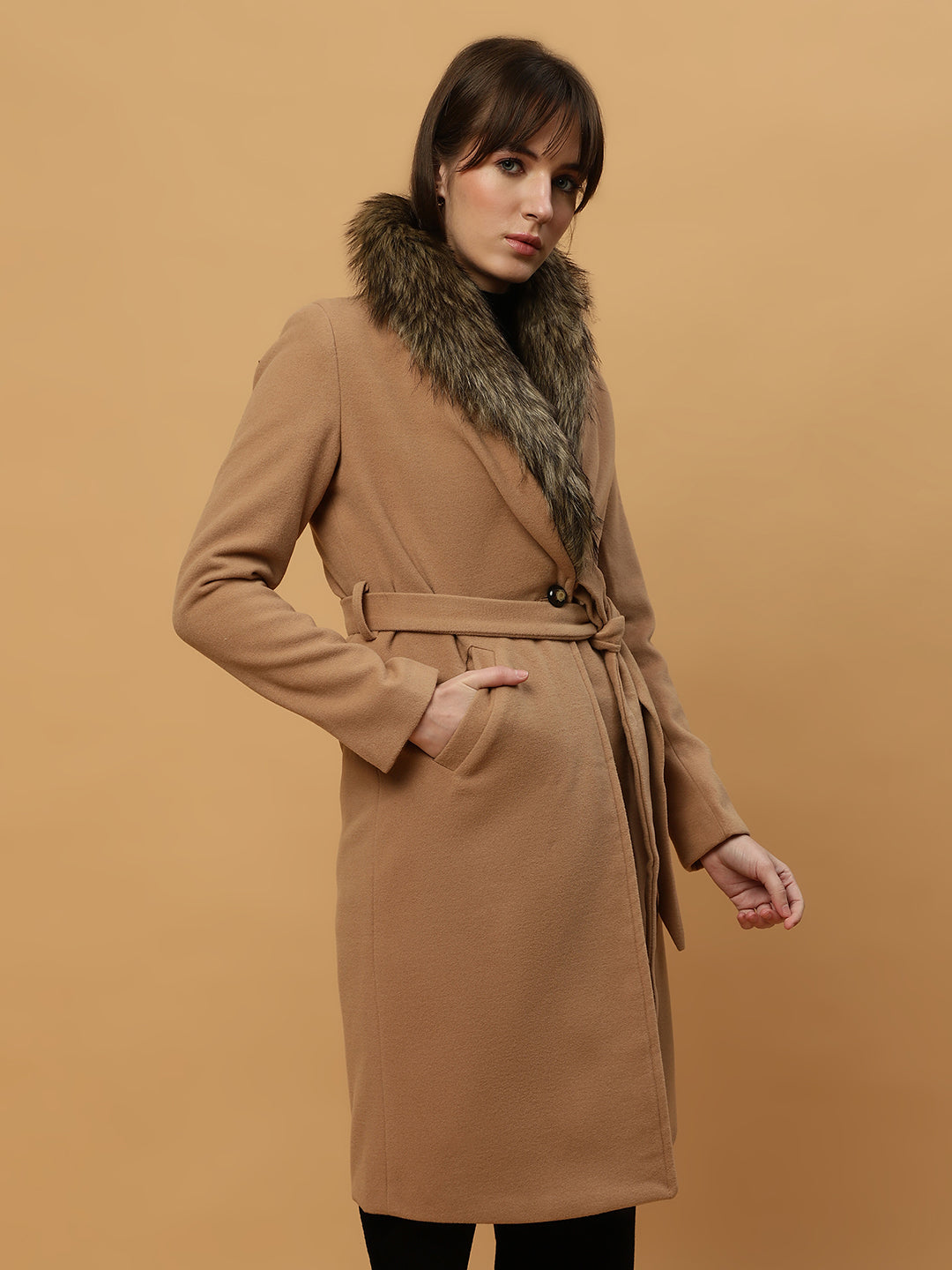 Beatnik Belted Wool Blend Coat with Faux Fur Collar Sandy Brown Blazer Beatnik