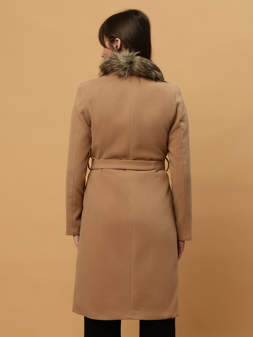 Beatnik Belted Wool Blend Coat with Faux Fur Collar Sandy Brown Blazer Beatnik