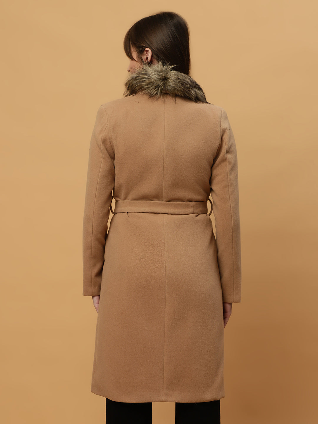 Beatnik Belted Wool Blend Coat with Faux Fur Collar Sandy Brown Blazer Beatnik
