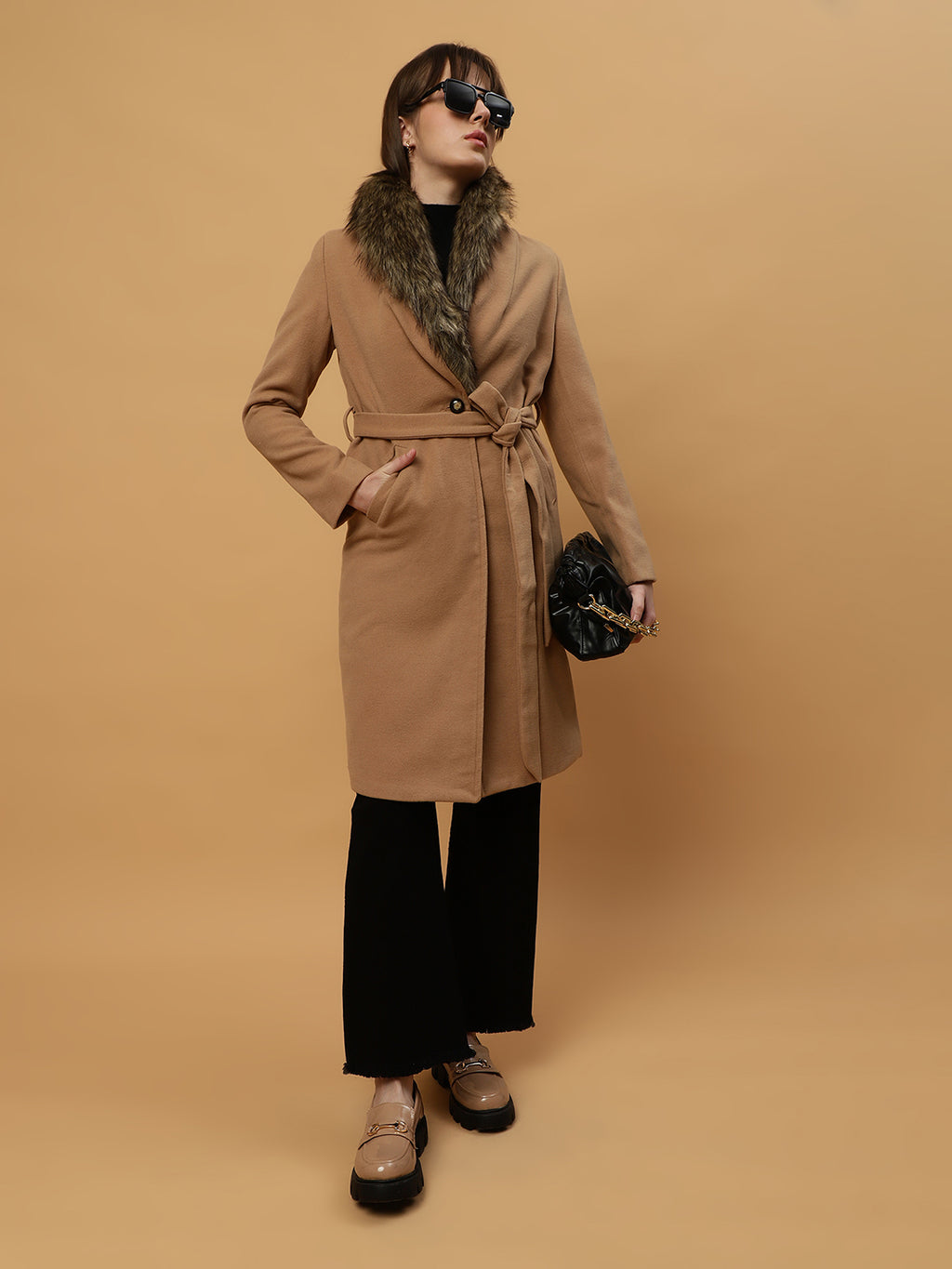 Beatnik Belted Wool Blend Coat with Faux Fur Collar Sandy Brown Blazer Beatnik