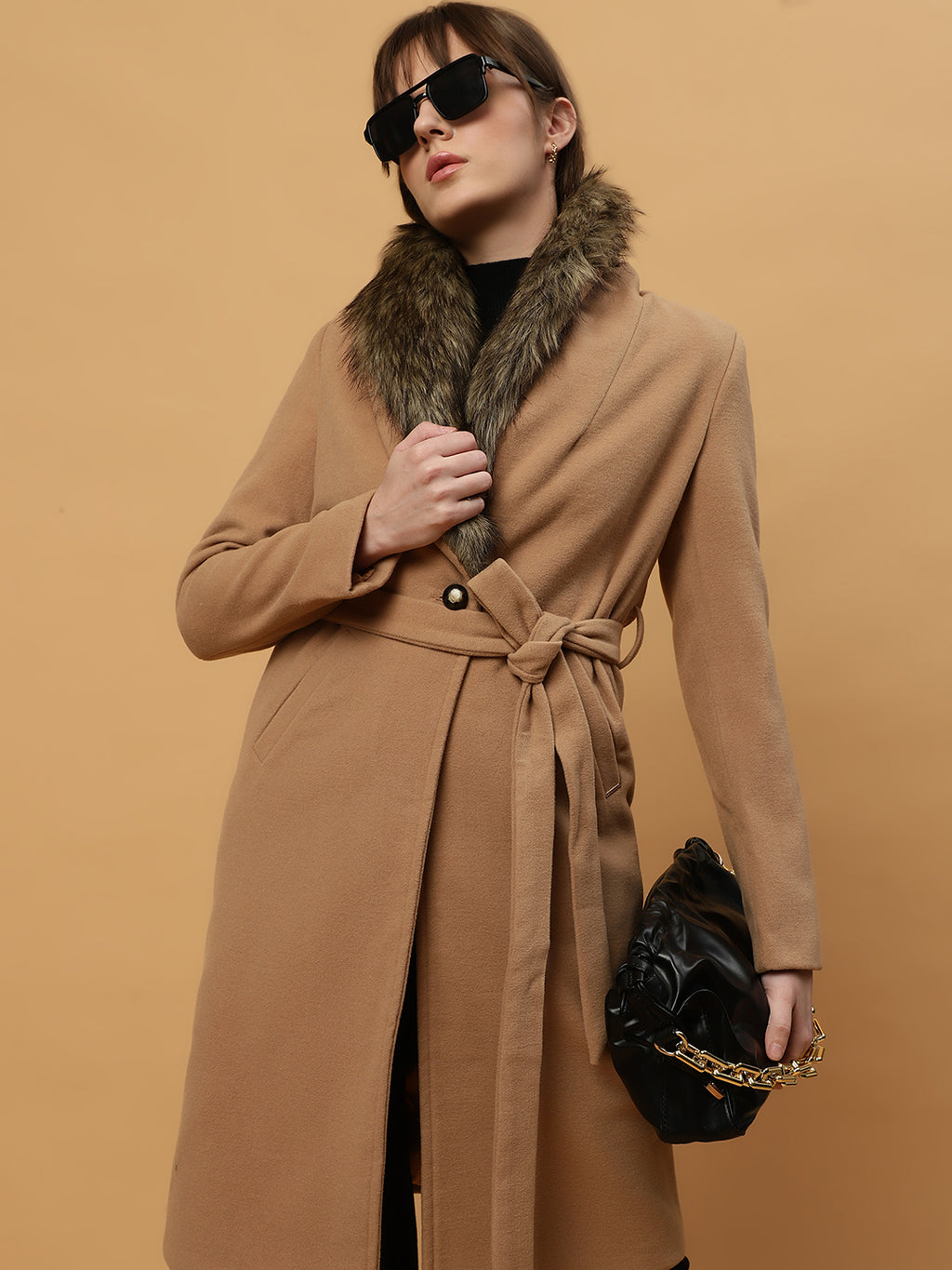 Beatnik Belted Wool Blend Coat with Faux Fur Collar Sandy Brown Blazer Beatnik