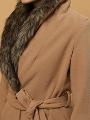 Beatnik Belted Wool Blend Coat with Faux Fur Collar Sandy Brown Blazer Beatnik