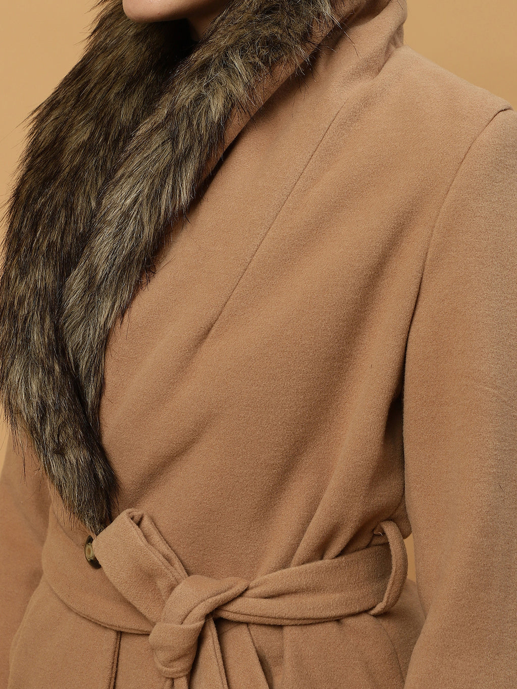 Beatnik Belted Wool Blend Coat with Faux Fur Collar Sandy Brown Blazer Beatnik