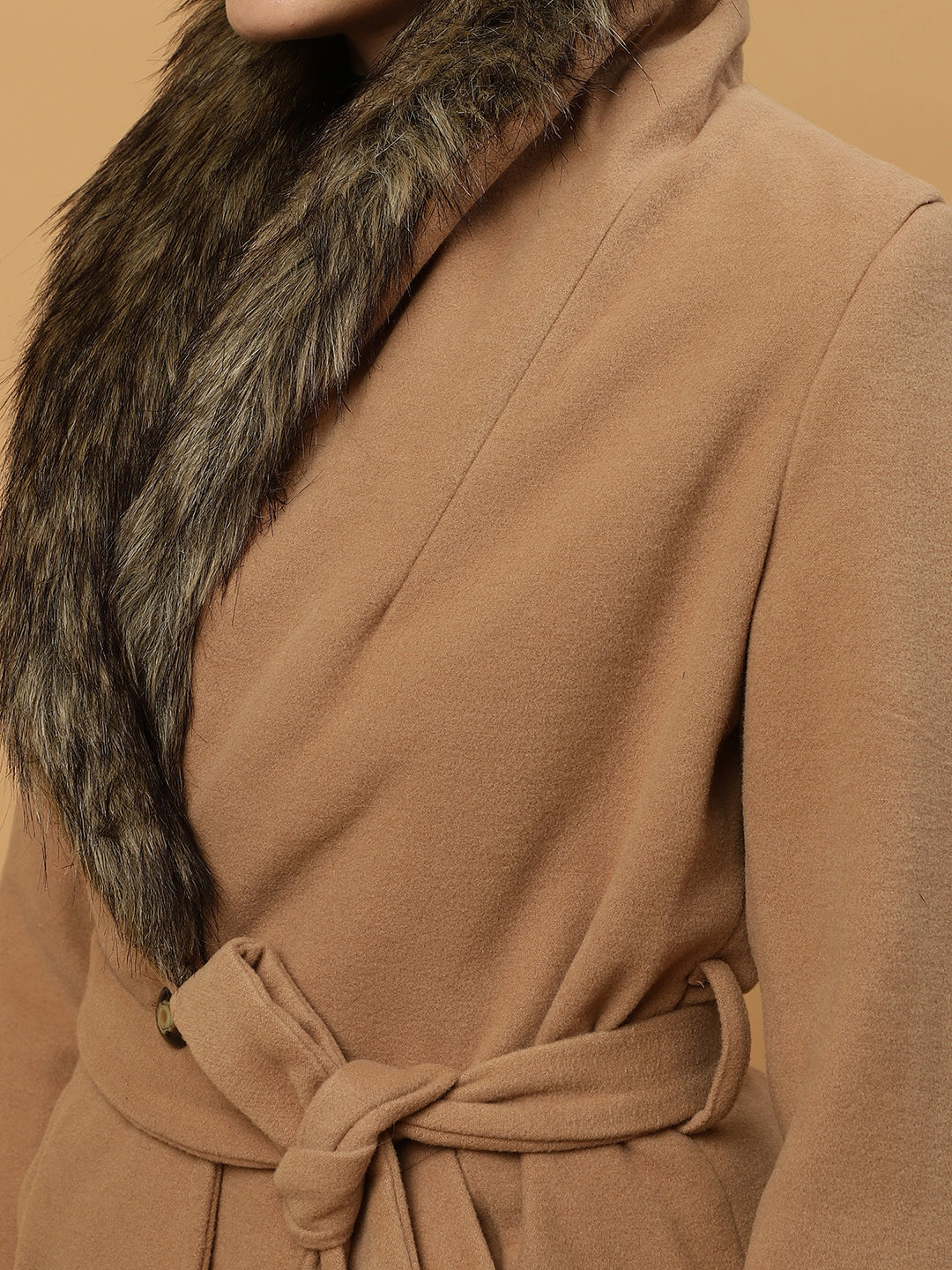 Beatnik Belted Wool Blend Coat with Faux Fur Collar Sandy Brown Blazer Beatnik