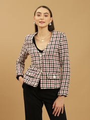 Beatnik Front Open Regular Checkered Womens Blazers Beatnik India