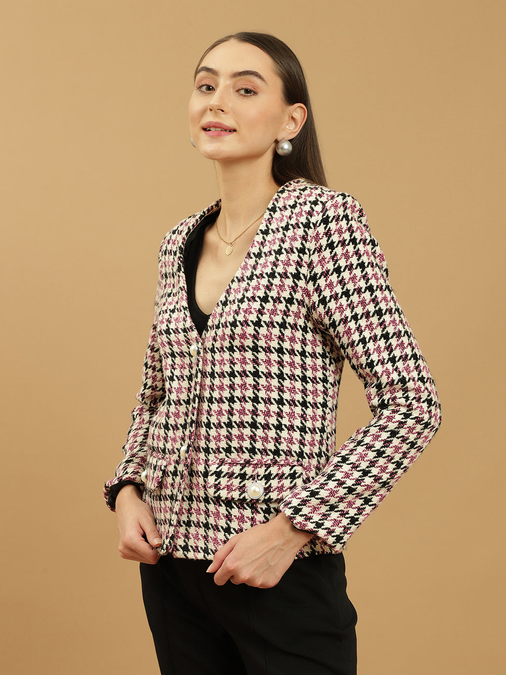 Beatnik Front Open Regular Checkered Womens Blazers Beatnik India