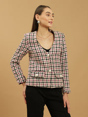 Beatnik Front Open Regular Checkered Womens Blazers Beatnik India