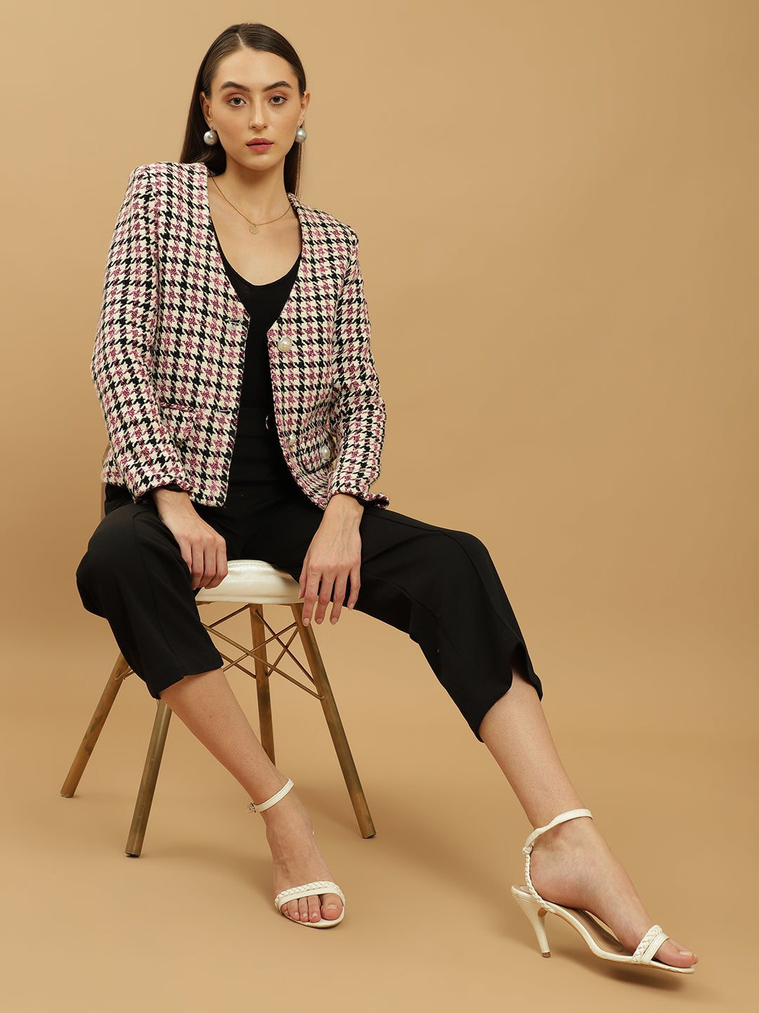 Beatnik Front Open Regular Checkered Womens Blazers Beatnik India