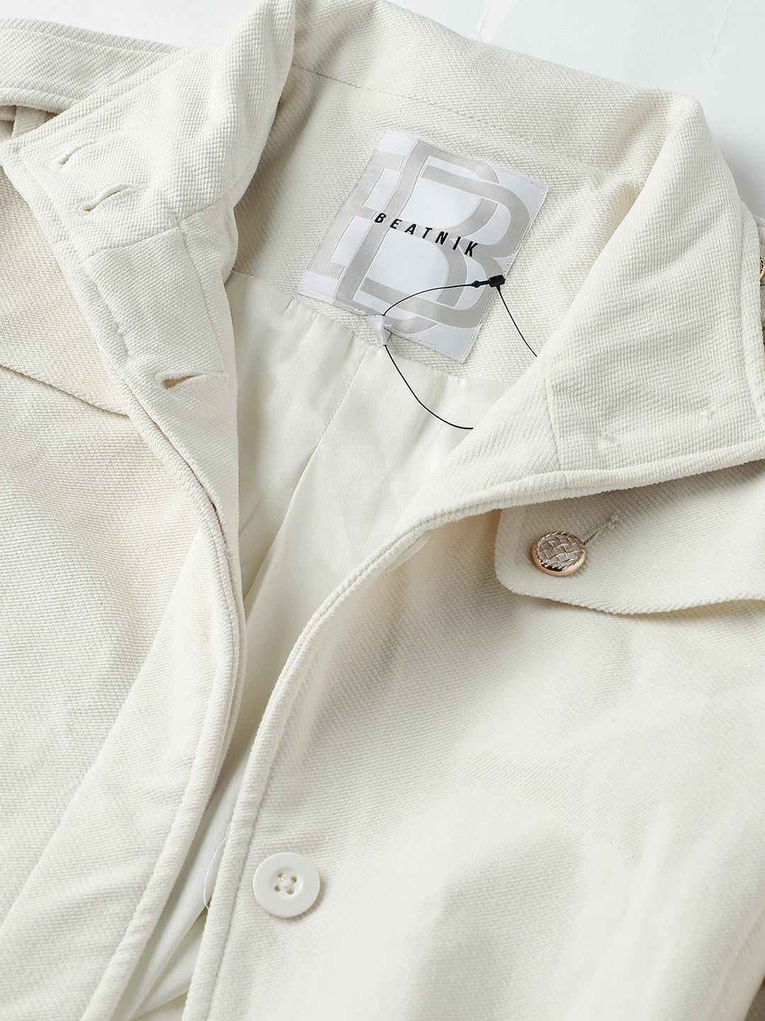 Beatnik Shawl Collar Full Sleeve Off White Front Open Blazer Beatnik India