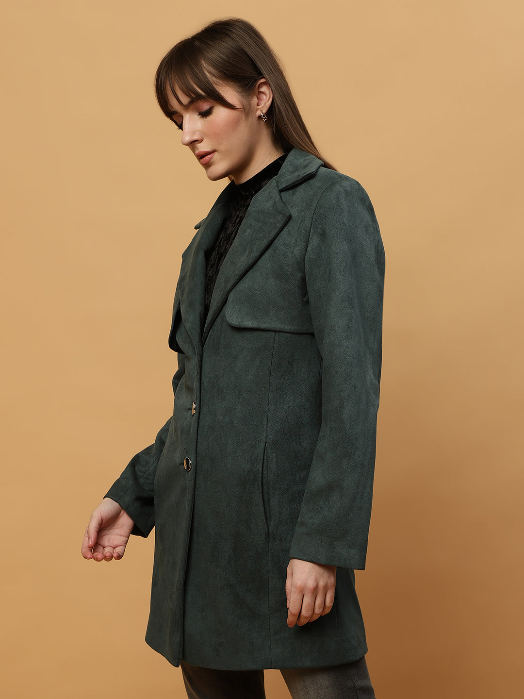 Beatnik Shawl Collar Full Sleeve Front Open Dark Green Blazer Beatnik India