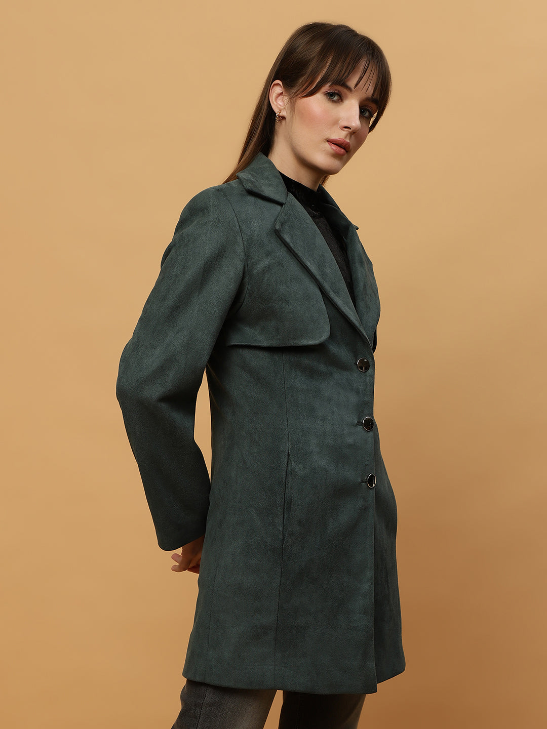Beatnik Shawl Collar Full Sleeve Front Open Dark Green Blazer Beatnik India