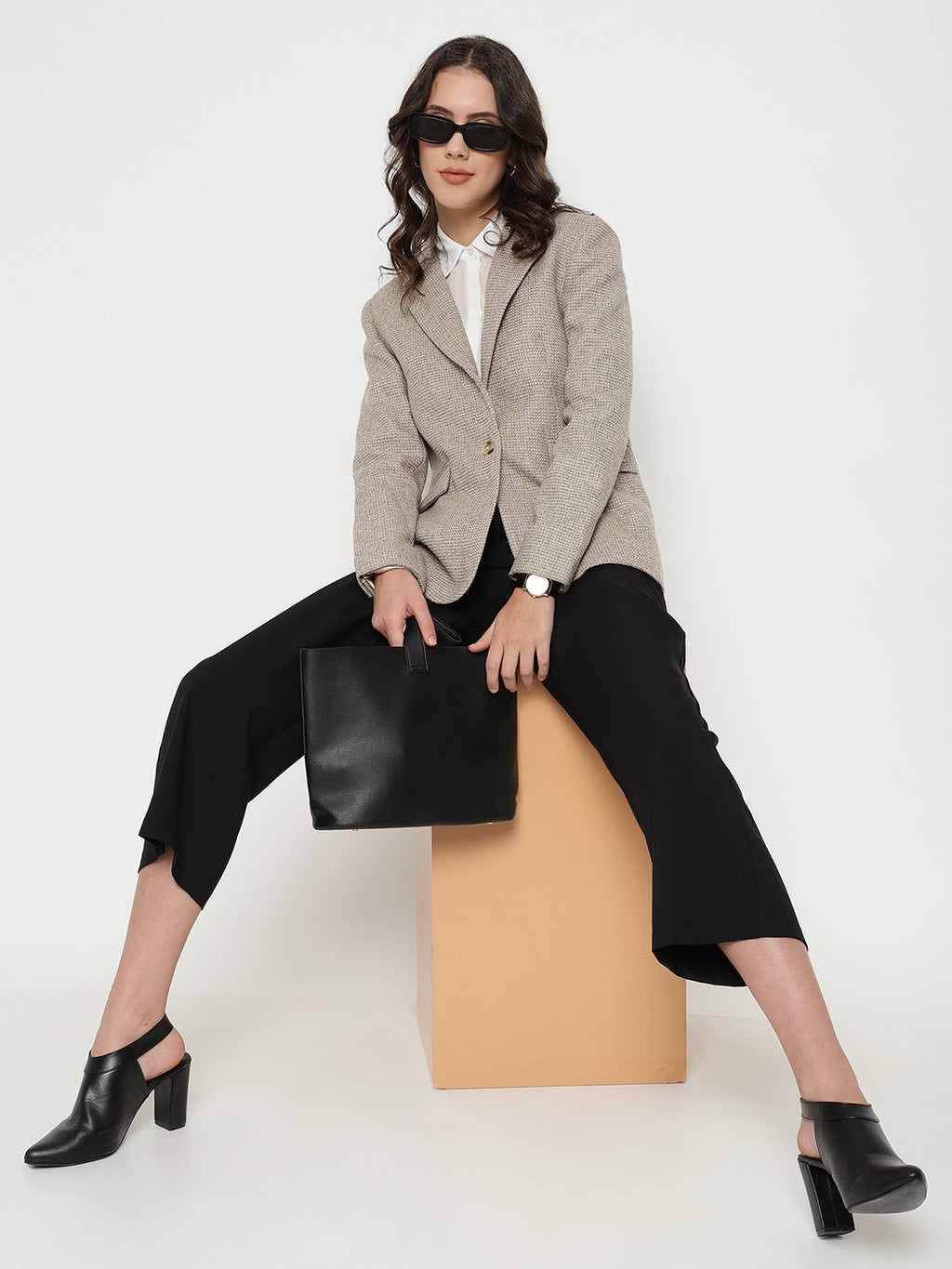 Beatnik Front Open Regular Shawl Collar Womens Beige Blazers Beatnik India