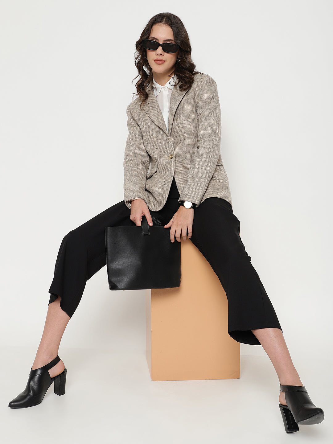 Beatnik Front Open Regular Shawl Collar Womens Beige Blazers Beatnik India