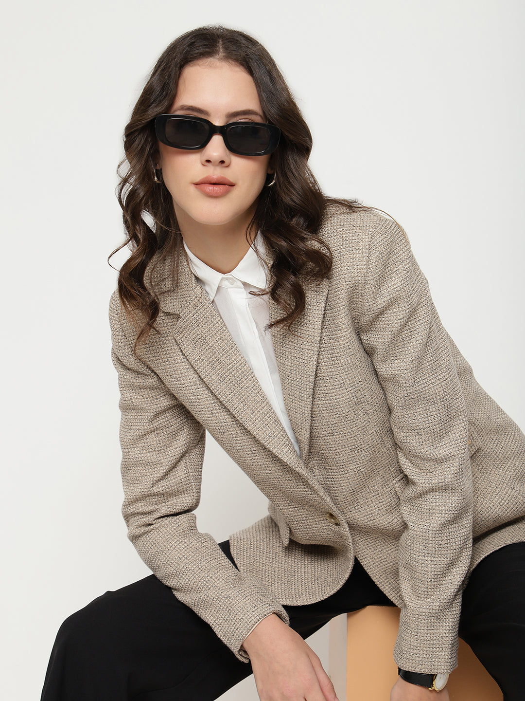 Beatnik Front Open Regular Shawl Collar Womens Beige Blazers Beatnik India