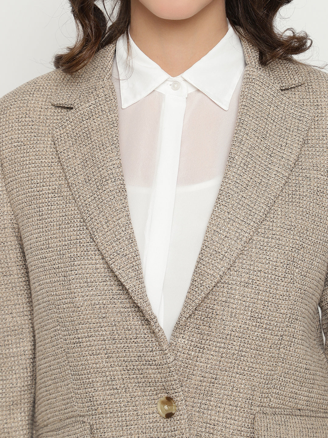 Beatnik Front Open Regular Shawl Collar Womens Beige Blazers Beatnik India