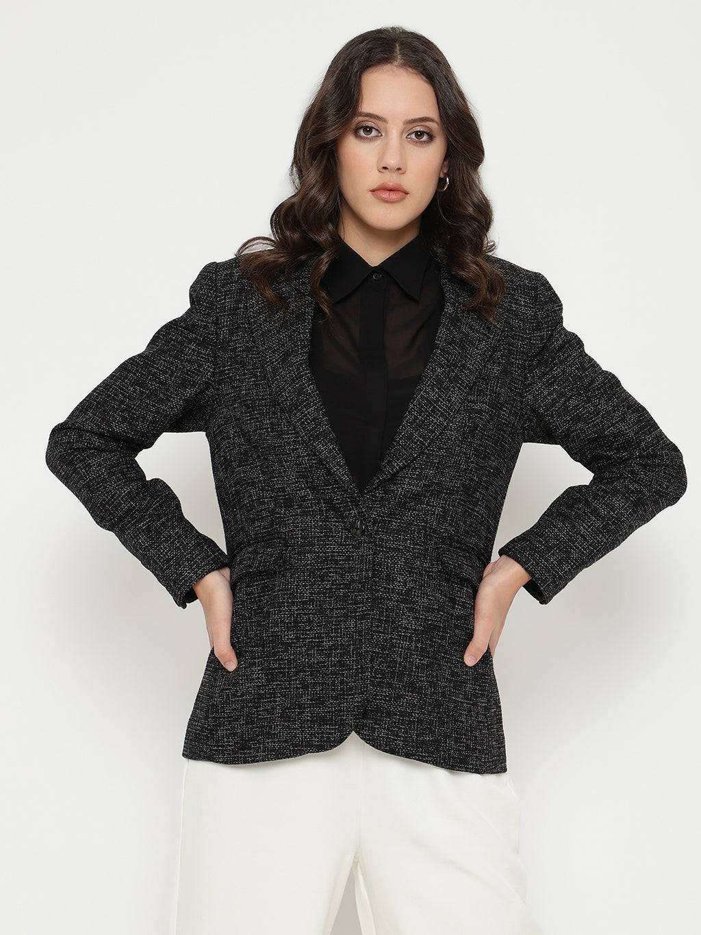 Beatnik Front Open Regular Shawl Collar Womens Black Blazers Beatnik India