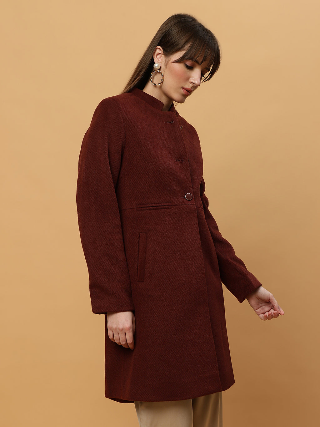 Beatnik Collared Full Sleeve Three Button Blazer Maroon Blazer Beatnik