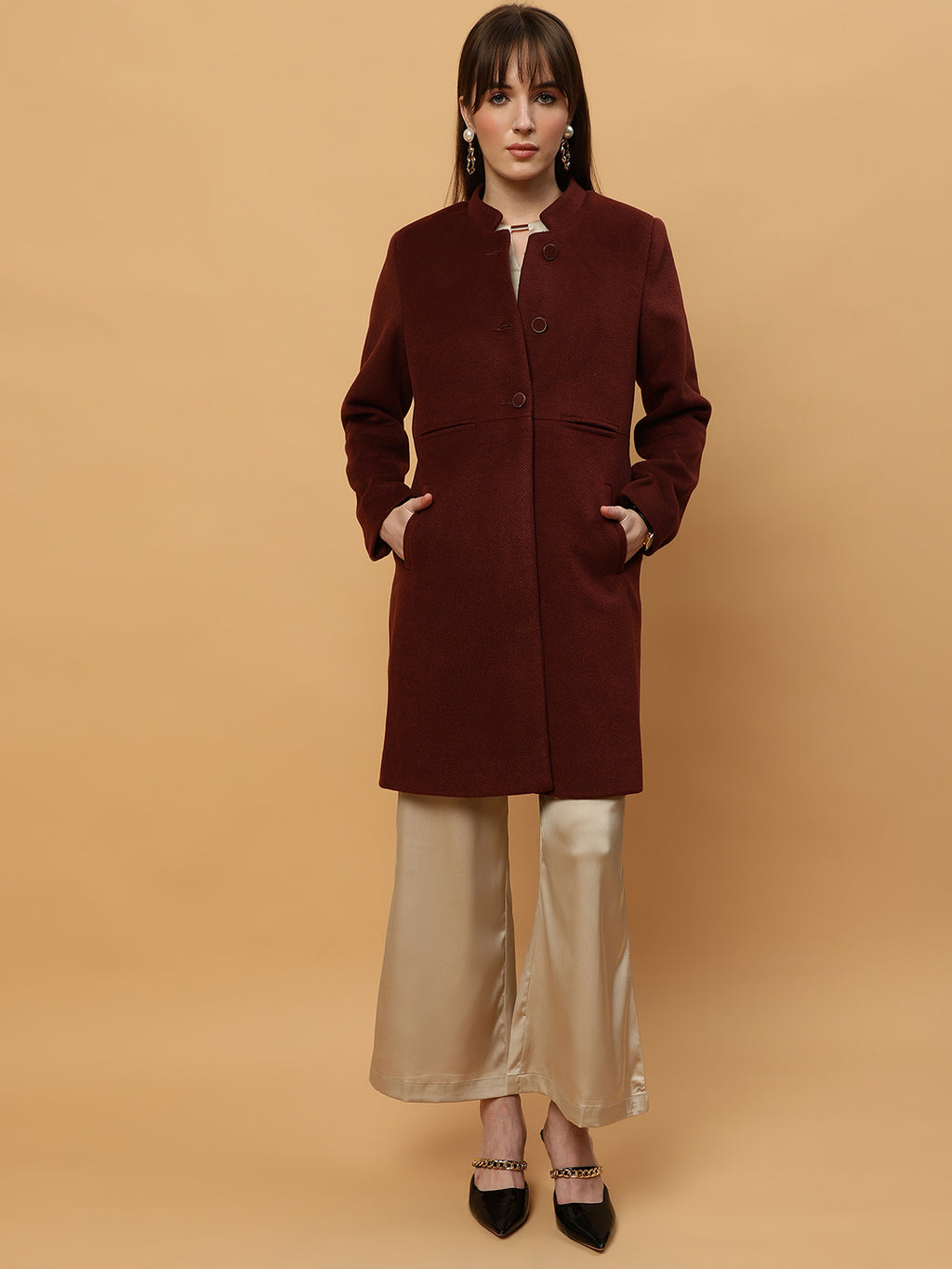 Beatnik Collared Full Sleeve Three Button Blazer Maroon Blazer Beatnik