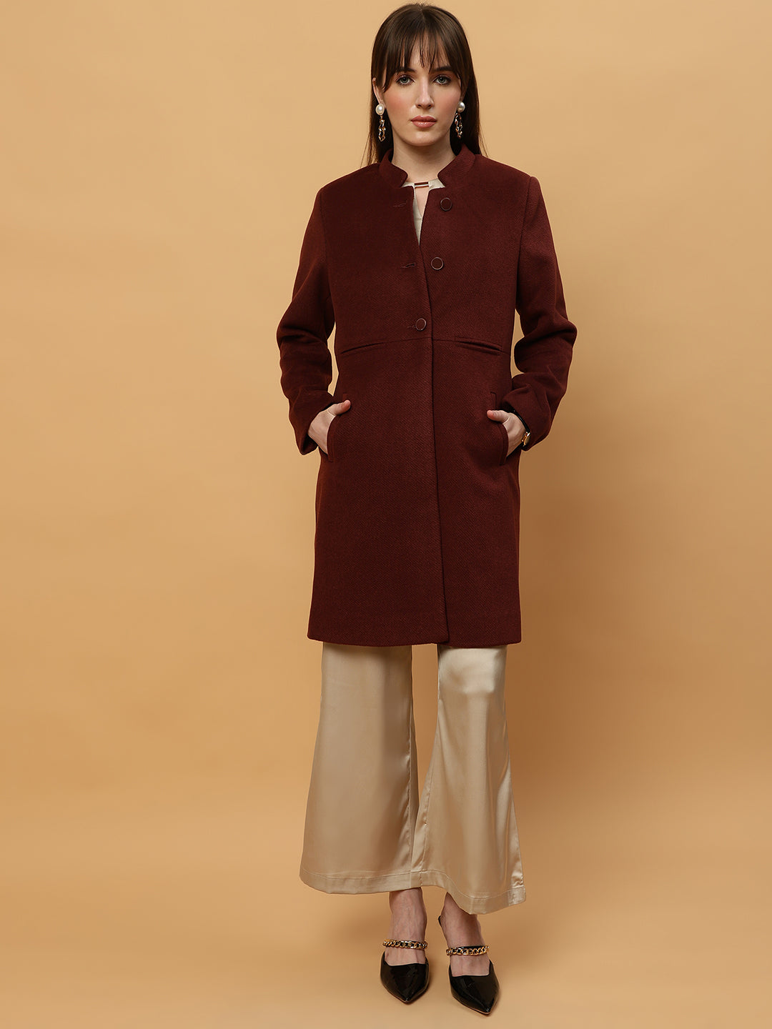 Beatnik Collared Full Sleeve Three Button Blazer Maroon Blazer Beatnik