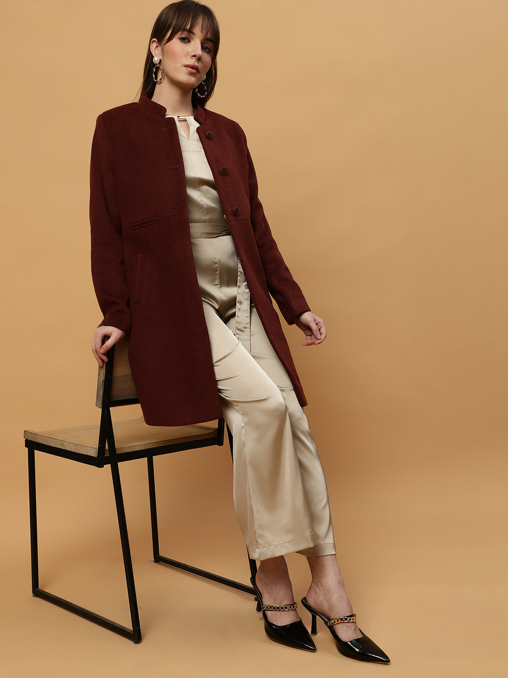 Beatnik Collared Full Sleeve Three Button Blazer Maroon Blazer Beatnik