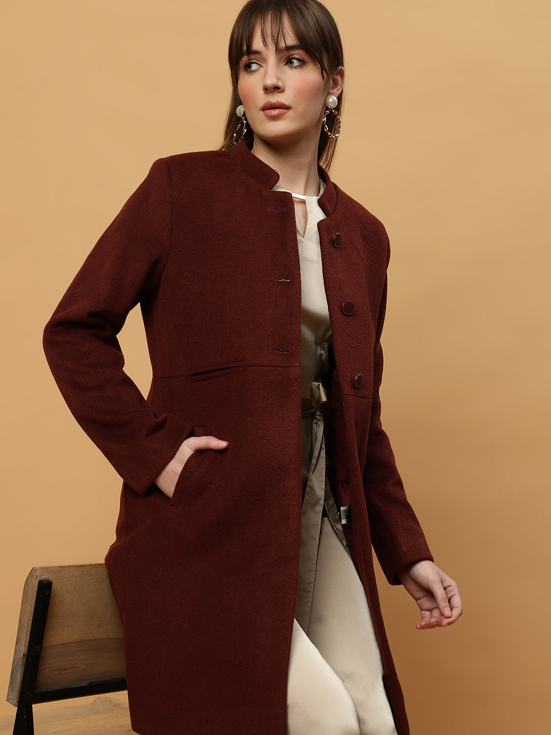 Beatnik Collared Full Sleeve Three Button Blazer Maroon Blazer Beatnik