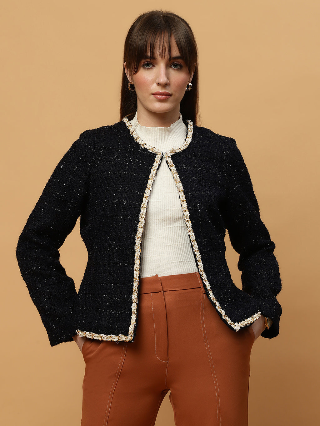 Beatnik Front Open Regular Jacquard Womens Blue Blazers Beatnik India