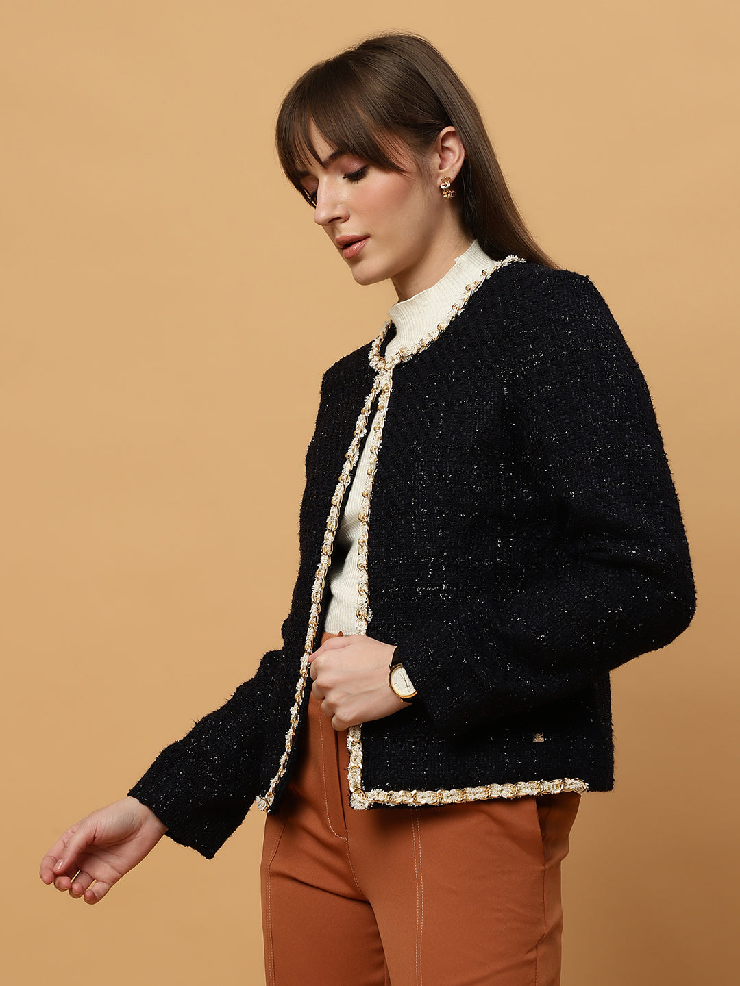 Beatnik Front Open Regular Jacquard Womens Blue Blazers Beatnik India