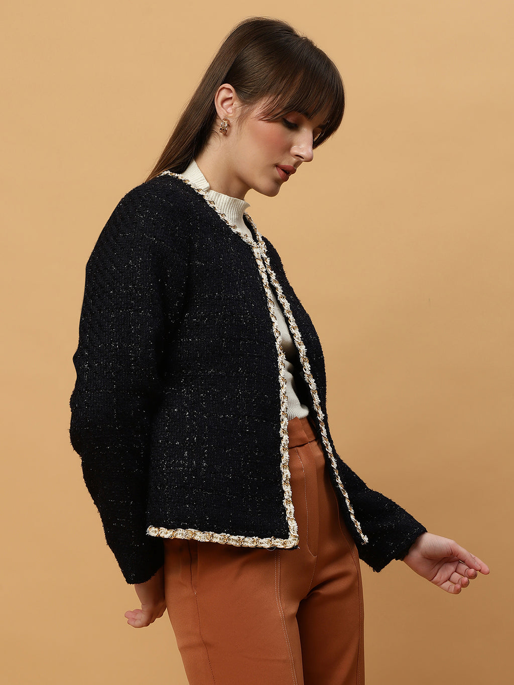 Beatnik Front Open Regular Jacquard Womens Blue Blazers Beatnik India