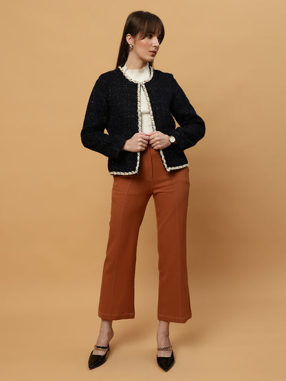 Beatnik Front Open Regular Jacquard Womens Blue Blazers Beatnik India