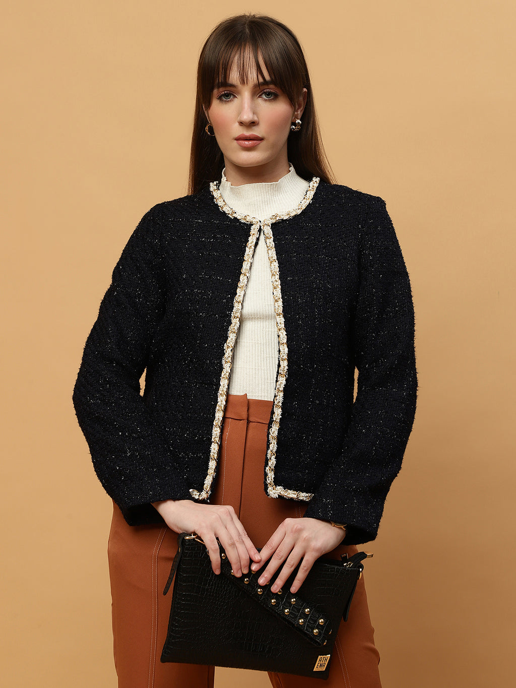 Beatnik Front Open Regular Jacquard Womens Blue Blazers Beatnik India