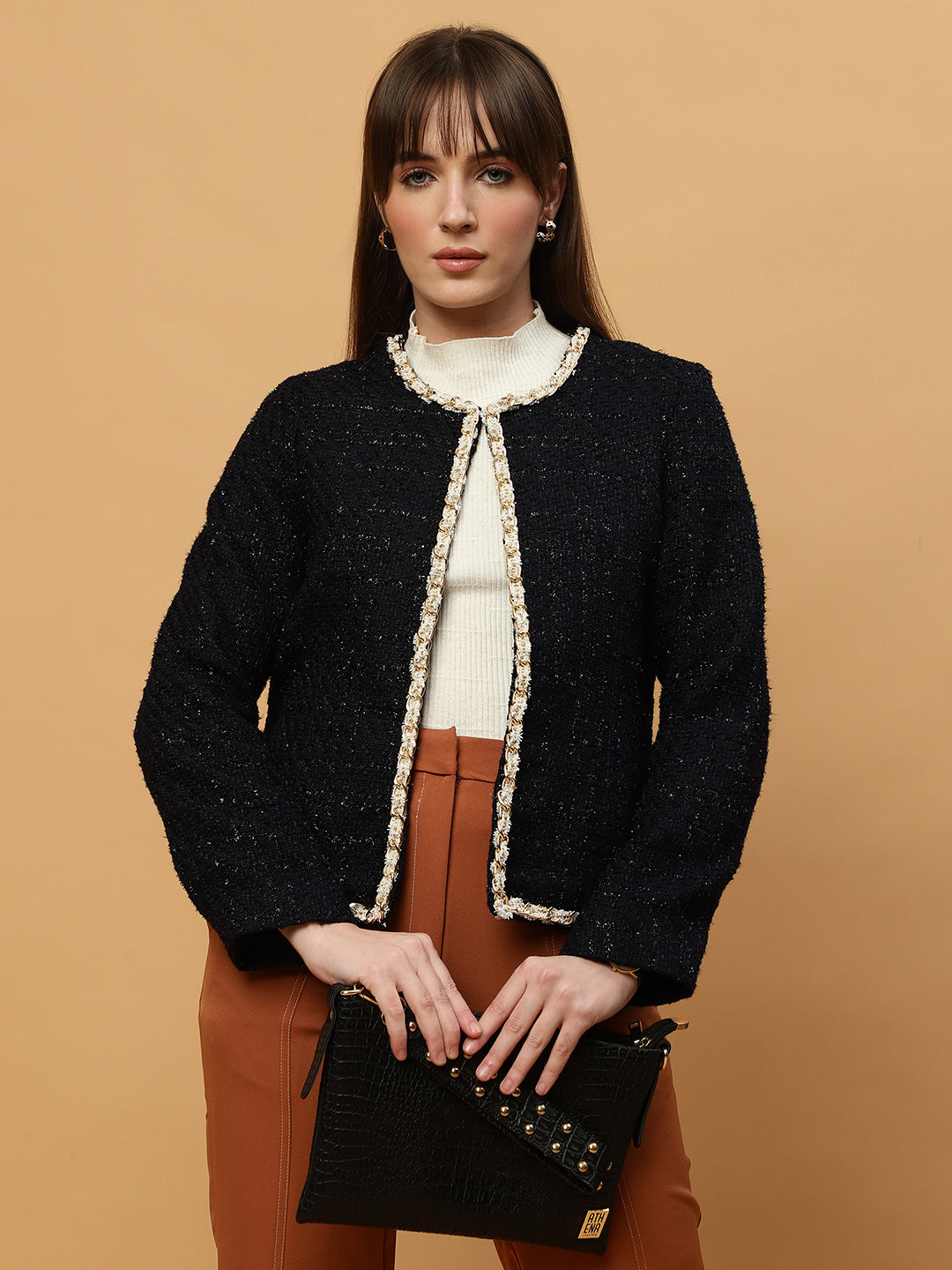 Beatnik Front Open Regular Jacquard Womens Blue Blazers Beatnik India