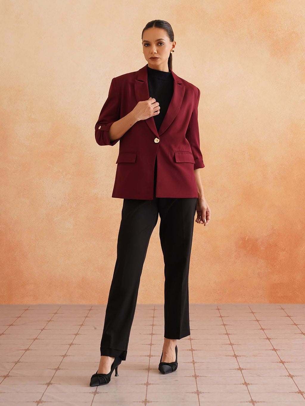 Maroon Single Breasted Notched Lapel Blazers Beatnik